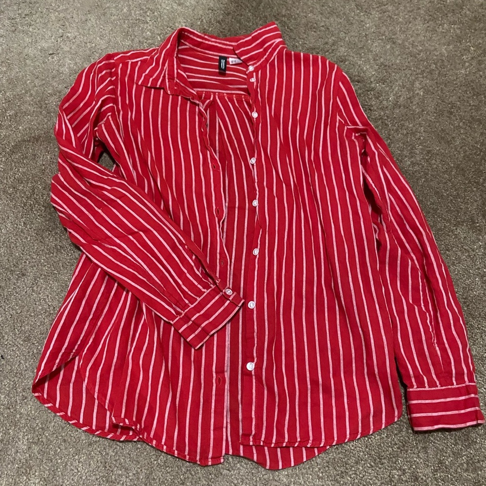 2/$20 Red and White Striped Long Steve Button Up / Button Down